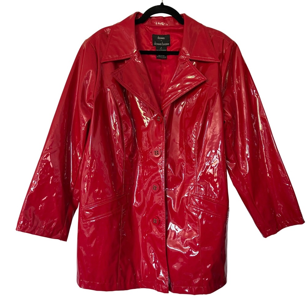 Dennis Basso Red Patent Faux Leather Jacket 1X Glossy Button Front Coat